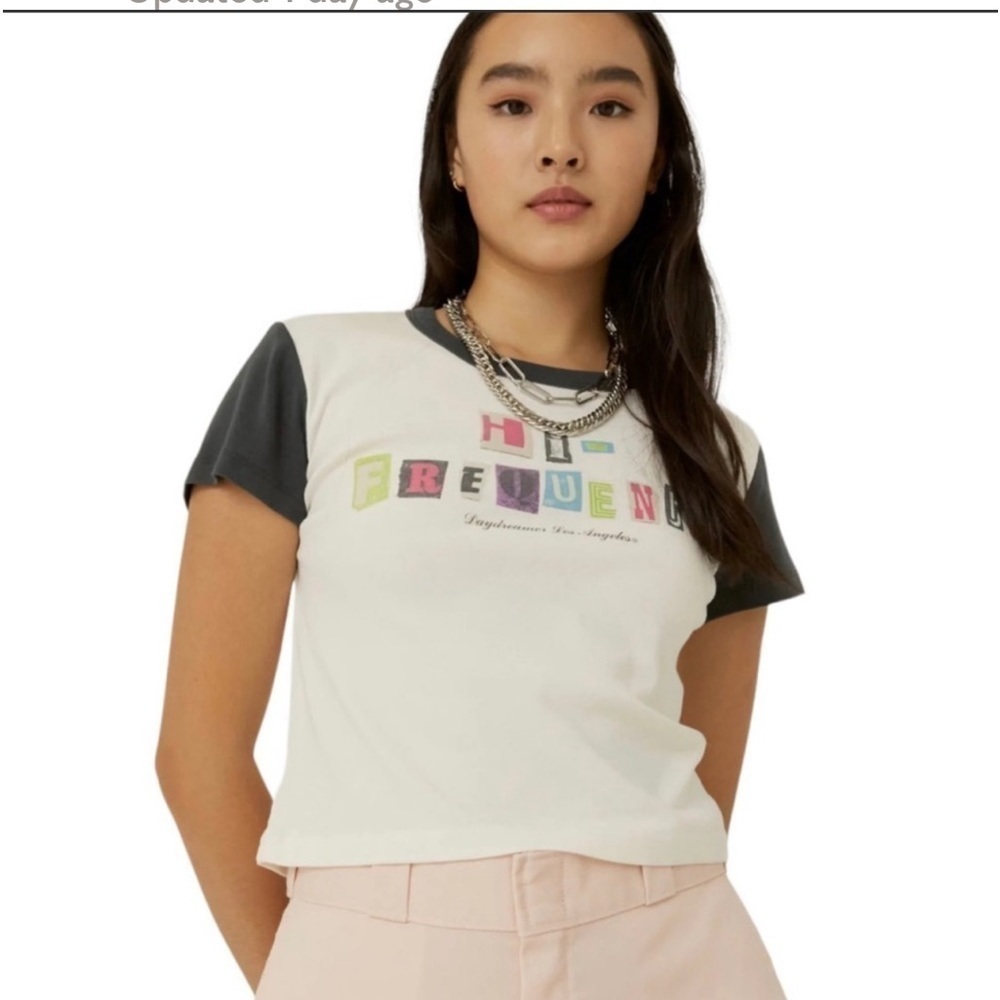 NWT Daydreamer REVOLVE Cotton Tee Women's White Baseball T Shirt "Hi frequency"